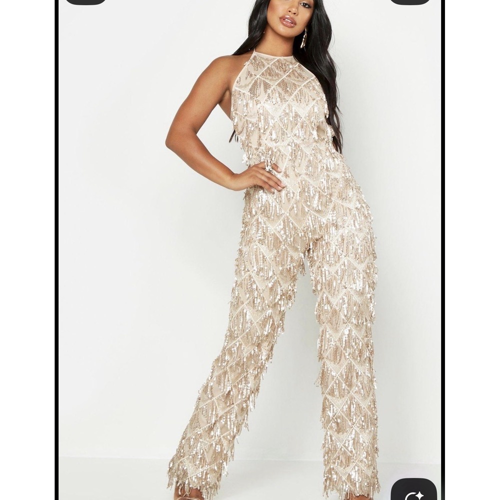 Boohoo NEW All Over Sequin Low Back Jumpsuit Women 10 Cream Cocktail Festival